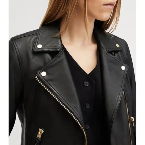 AllSaints Dalby Slim Fit Leather Biker Jacket Black/Gold - Picture 7 of 13